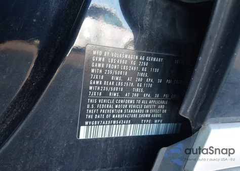 2015 Volkswagen Tiguan Se from USA, damaged, VIN WVGBV7AX9FW543489